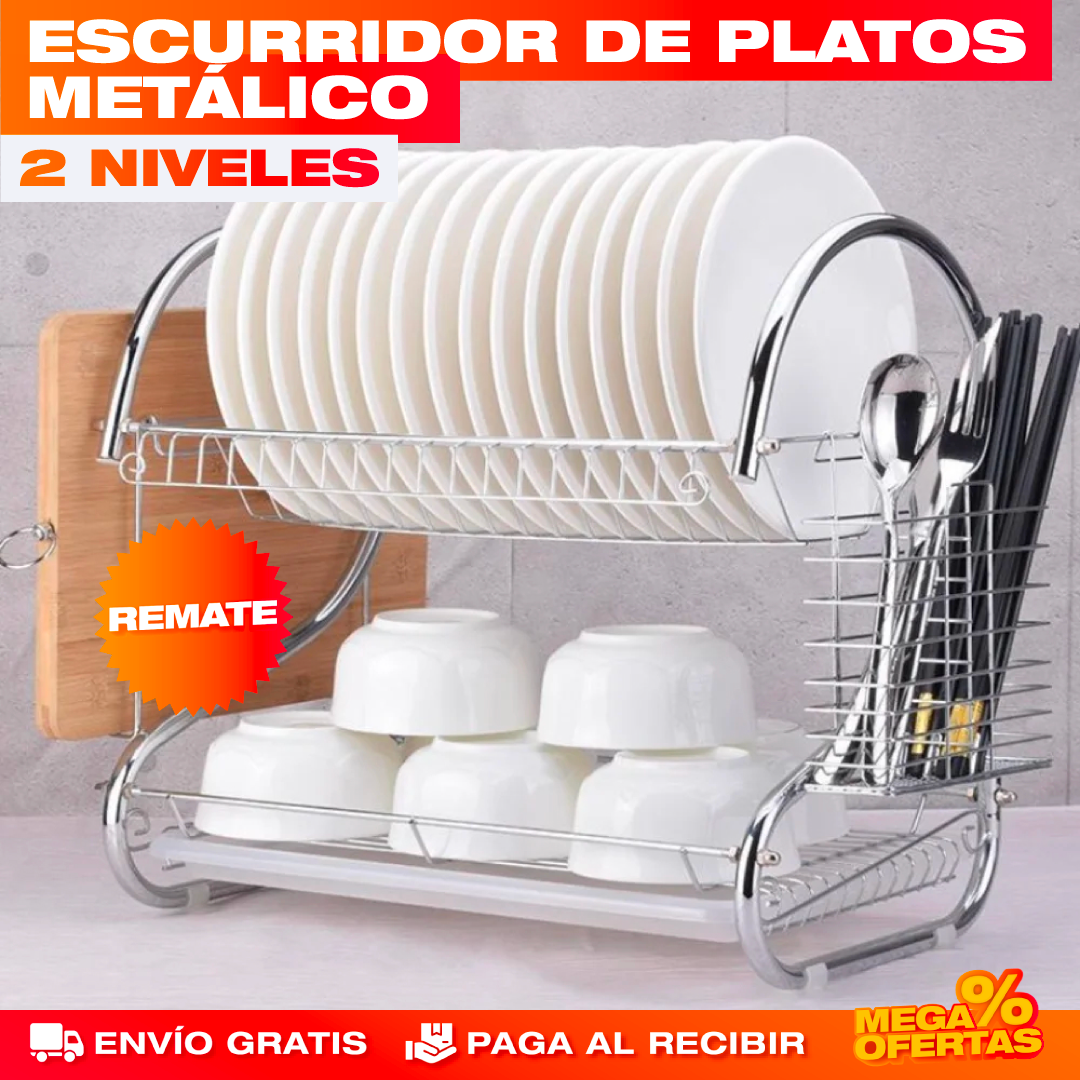 Escurridor de Platos Metálico de 2 Niveles – Mesón Seco y Cocina Ordenada al Instante