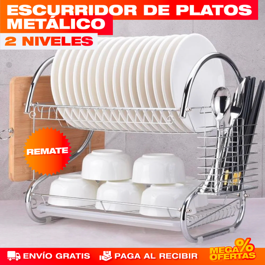 Escurridor de Platos Metálico de 2 Niveles – Mesón Seco y Cocina Ordenada al Instante