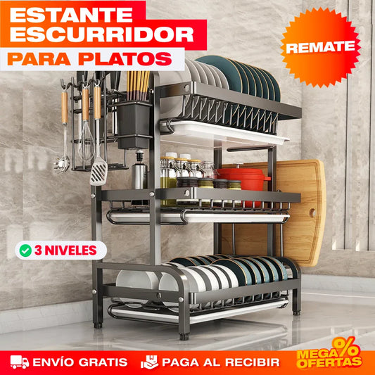 Escurridor de Platos de 3 Niveles – Mesón Seco y Platos Ordenados · Estante Grande