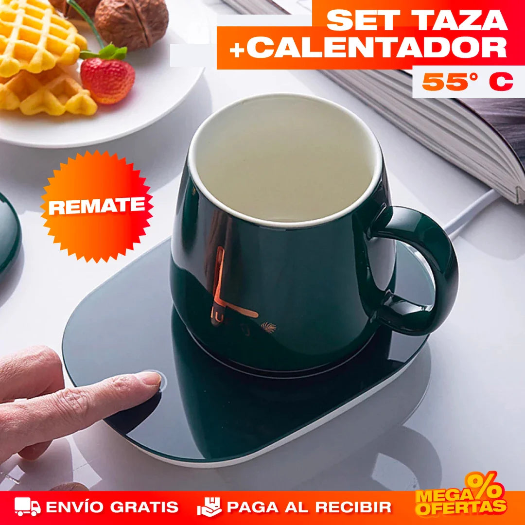 Set Taza Calentador de Lujo – Tu Café Siempre Caliente en el Escritorio