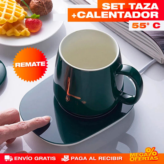 Set Taza Calentador de Lujo – Tu Café Siempre Caliente en el Escritorio