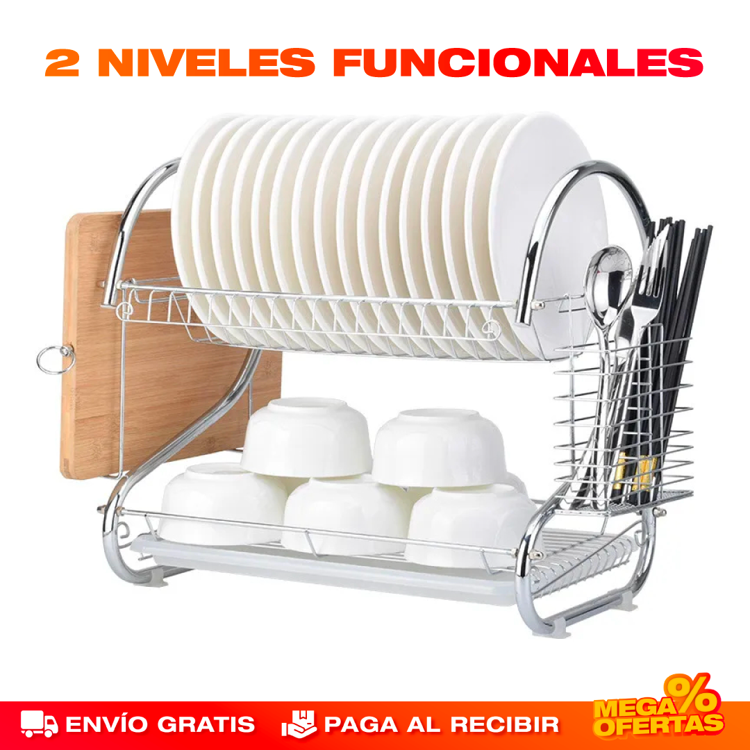 Escurridor de Platos Metálico de 2 Niveles – Mesón Seco y Cocina Ordenada al Instante