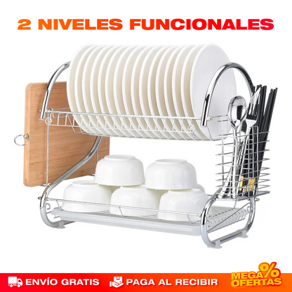 Escurridor de Platos Metálico de 2 Niveles – Mesón Seco y Cocina Ordenada al Instante