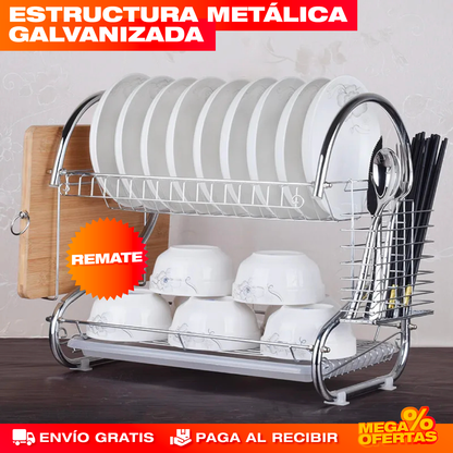 Escurridor de Platos Metálico de 2 Niveles – Mesón Seco y Cocina Ordenada al Instante