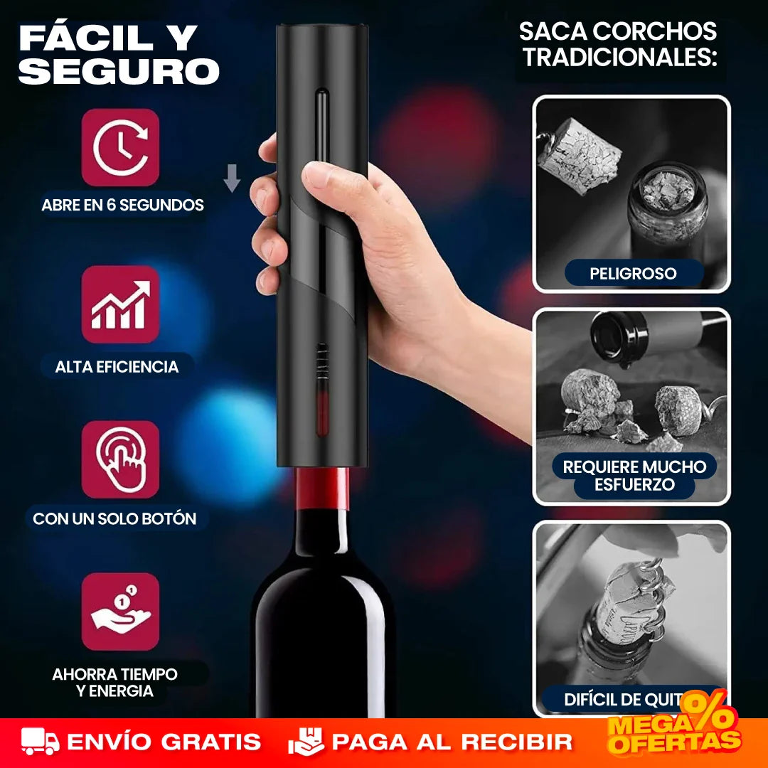 Sacacorchos Eléctrico Profesional 3 en 1 – Abre el Vino en Segundos con un Botón