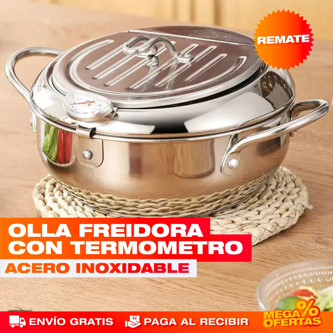 Olla Freidora con Termómetro de Acero Inoxidable – Fríe Sin Quemar y Sin Adivinar la Temperatura