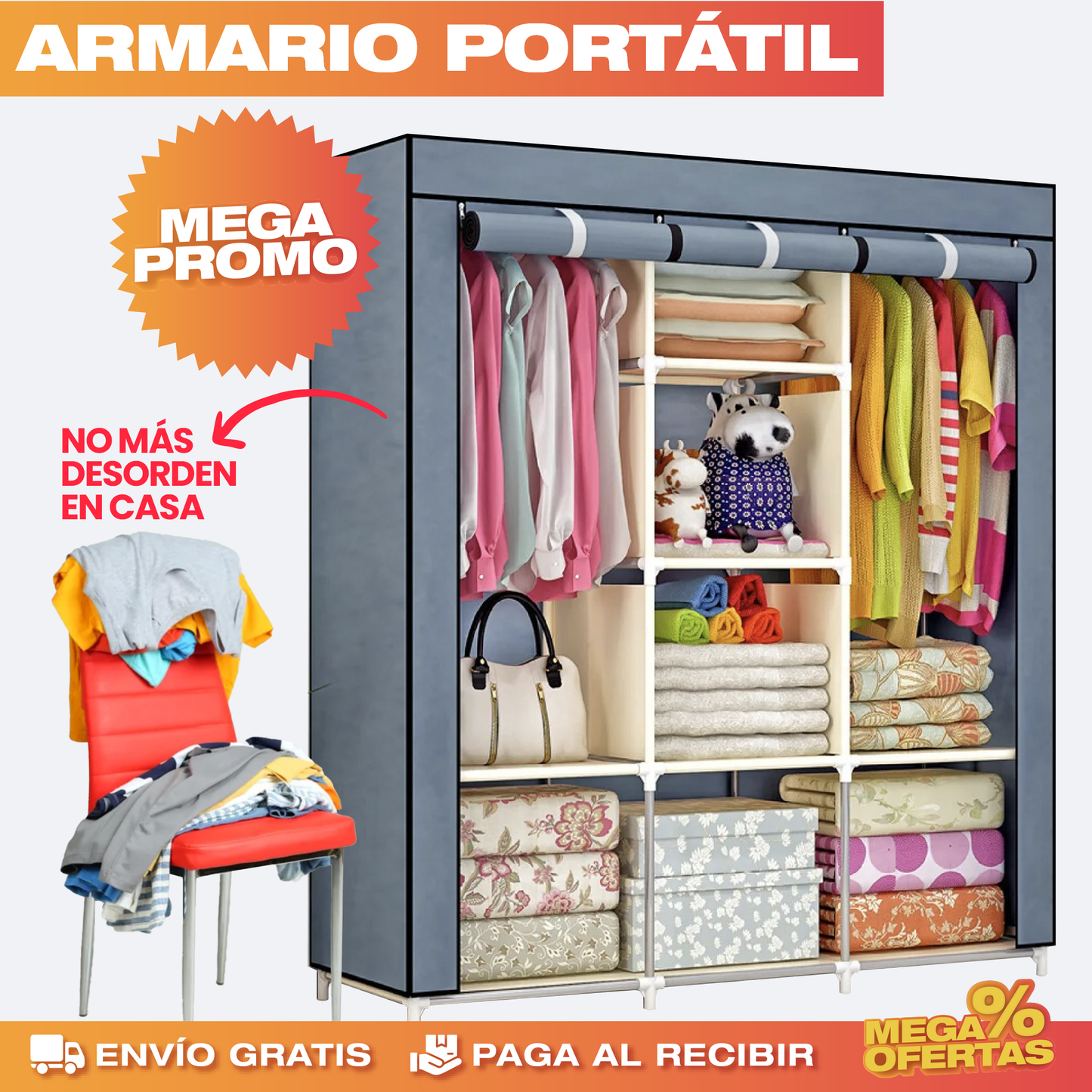 Closet Portátil de 3 Compartimientos – Guarda Toda tu Ropa Sin Closet de Obra · Tamaño Grande