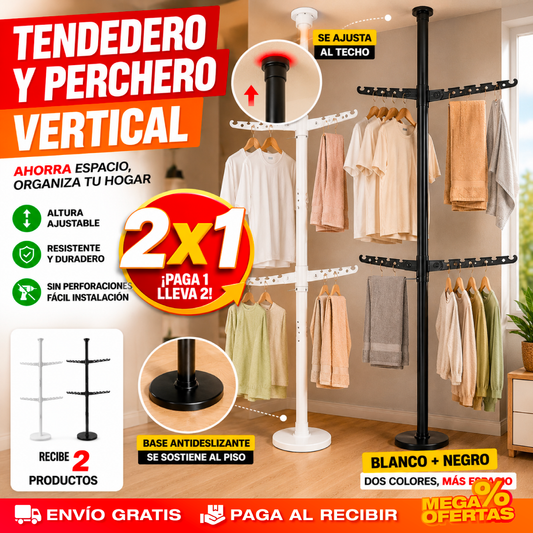 2 Tendero y Perchero Vertical Ajustable – Seca y Organiza tu Ropa Sin Ocupar Espacio