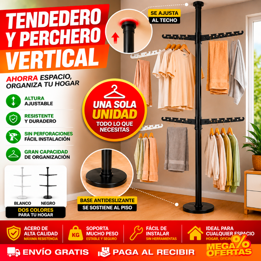 Tendero y Perchero Vertical Ajustable – Seca y Organiza tu Ropa Sin Ocupar Espacio