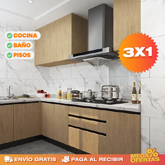 Láminas PVC Mármol Adhesivas – Renueva Mesones y Paredes Sin Obra · 3x1