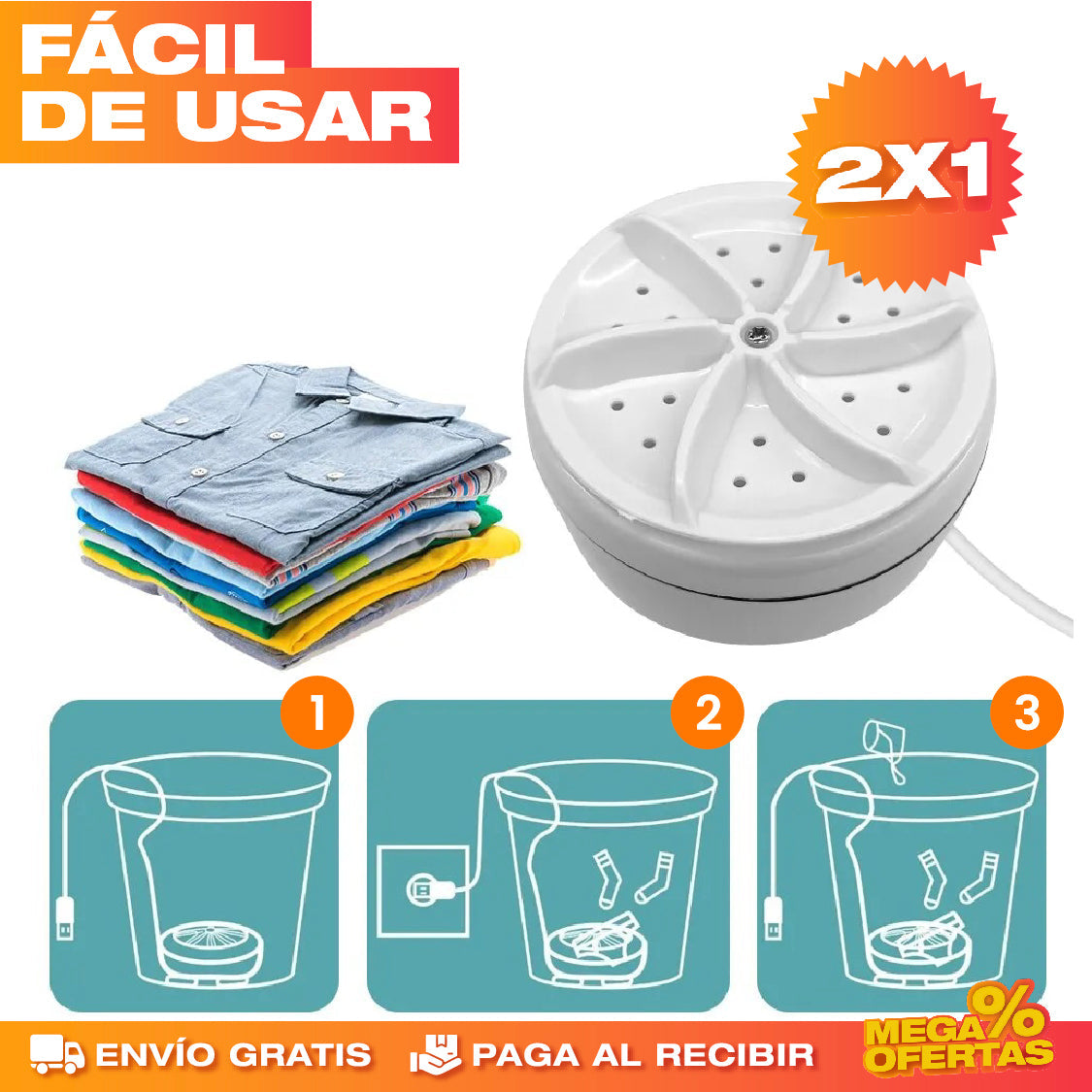Mini Lavadora Portátil Ultra Rápida – Lava Ropa Pequeña Donde No Hay Lavadora · 2x1