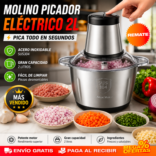 Molino Picador Eléctrico Acero Inoxidable 2 Litros – Pica y Muele en Segundos Sin Esfuerzo