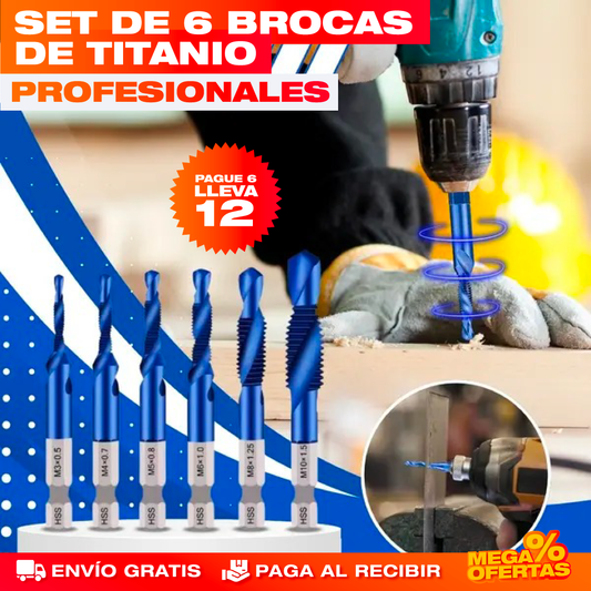 Brocas de Titanio Profesionales 3 en 1 – Perfora Metal, Madera y Concreto Sin Botarlas · 2x1: Paga 6 y Llevas 12