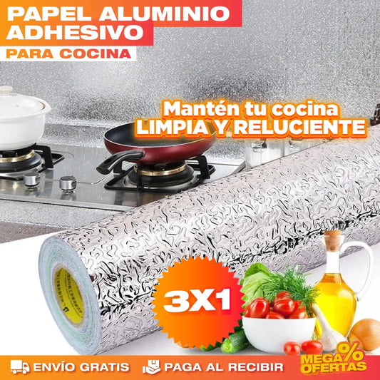 Papel Aluminio Adhesivo de Cocina – Pared de la Estufa Sin Grasa Pegada · 3x1