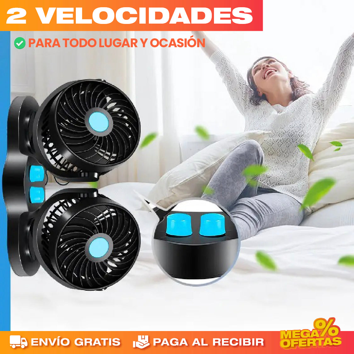 Ventilador de Doble Cabeza para Vehículo – Aire Fresco Adelante y Atrás · 2x1