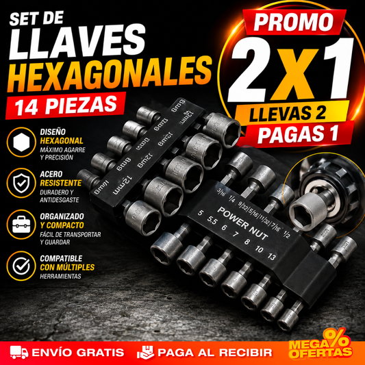 PROMO X2 Boquillas de Llaves Hexagonales – Aprieta Cualquier Tuerca Sin Buscar la Medida · Set x14